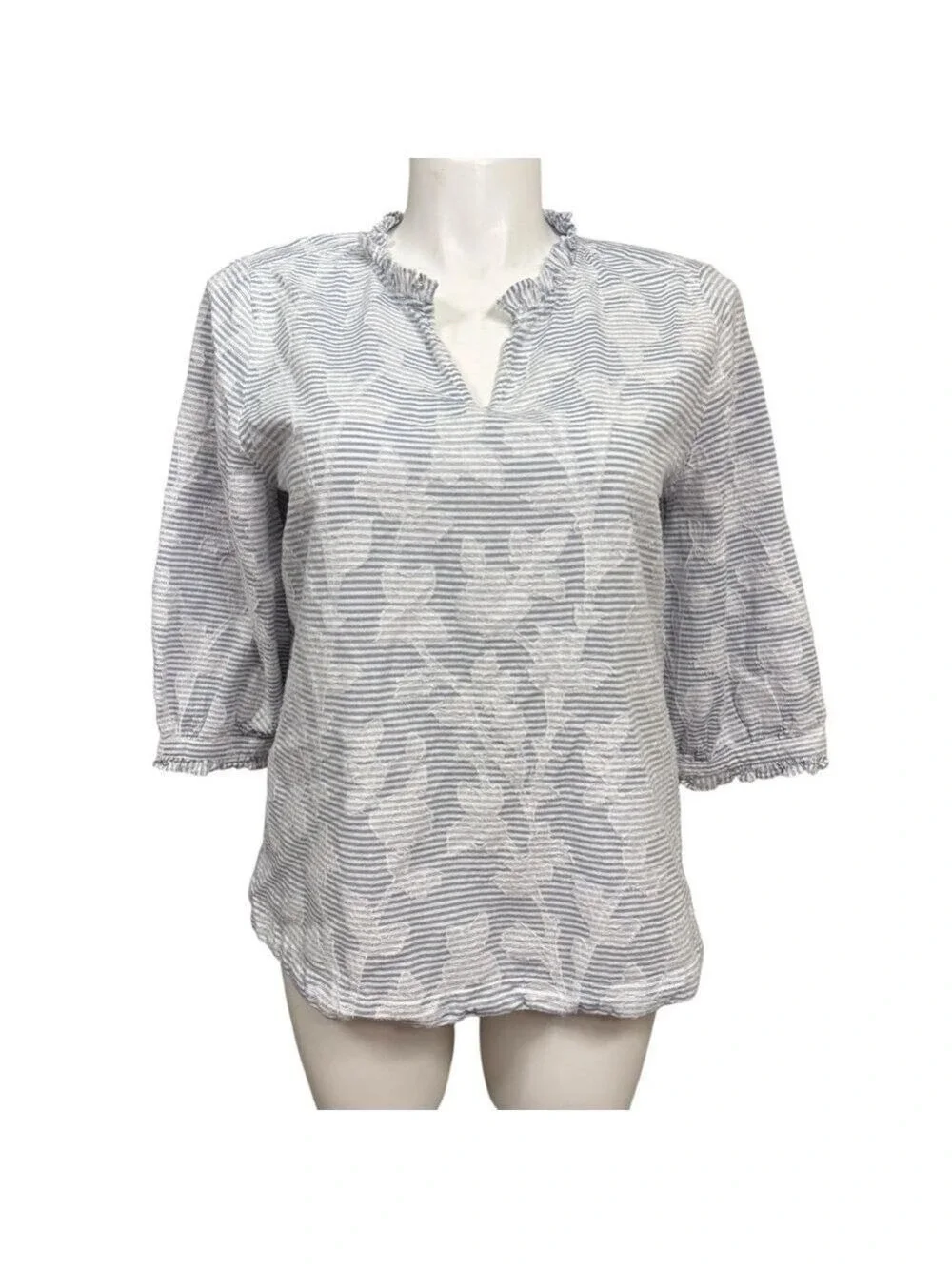 Chico's‎ Striped Textured Floral Blouse Ruffle Neck 3/4 Sleeve Large